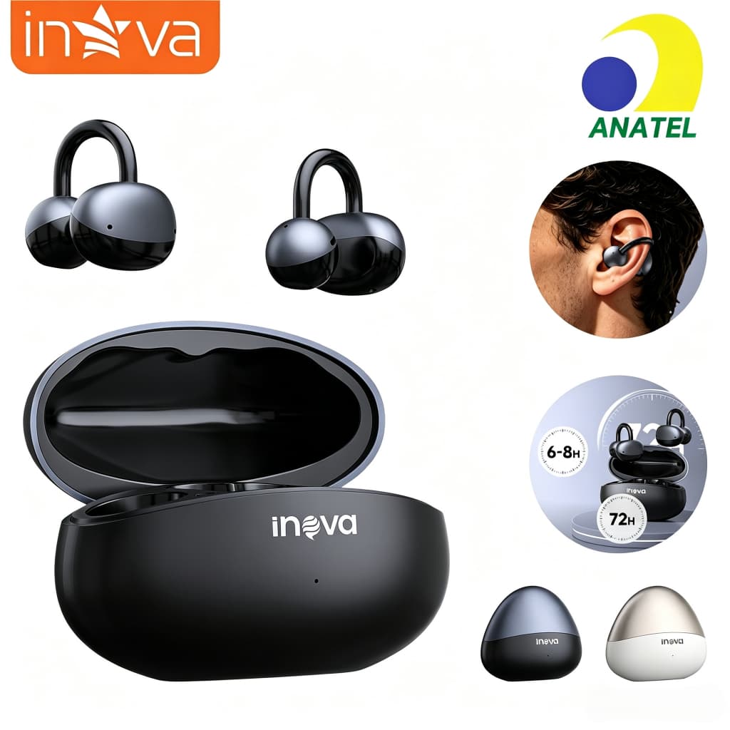 INOVA Fone Bluetooth 6.0 Clip Ear Sem Fio com Microfone | Cancelamento de Ruído, Esportes e Jogos