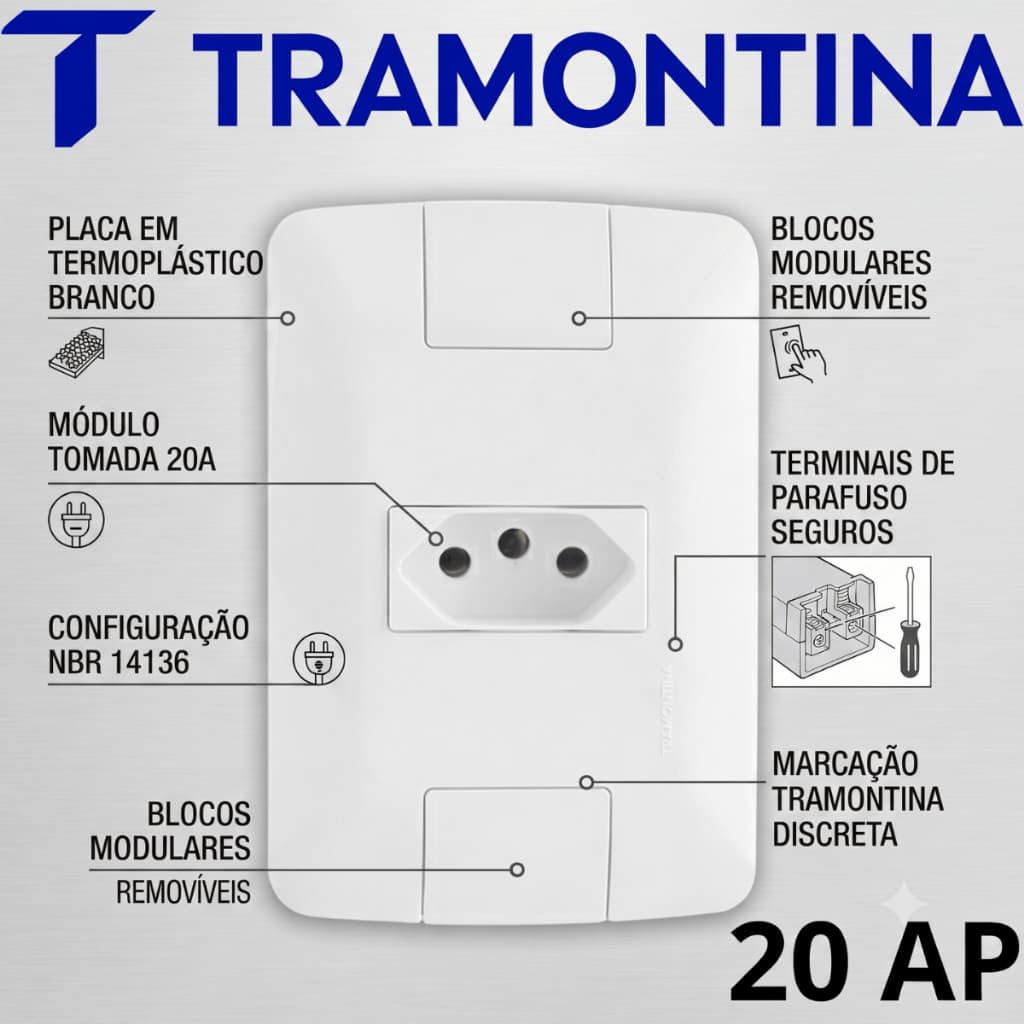 Tomada 20A Tramontina Completa com Placa Branca Padrão789190490