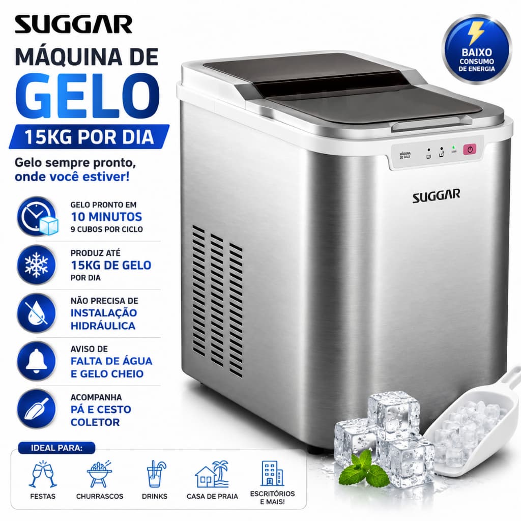 Máquina de Fazer Gelo Suggar 15kg Ice Maker Prata 220V Produz Gelo em 10 Minutos