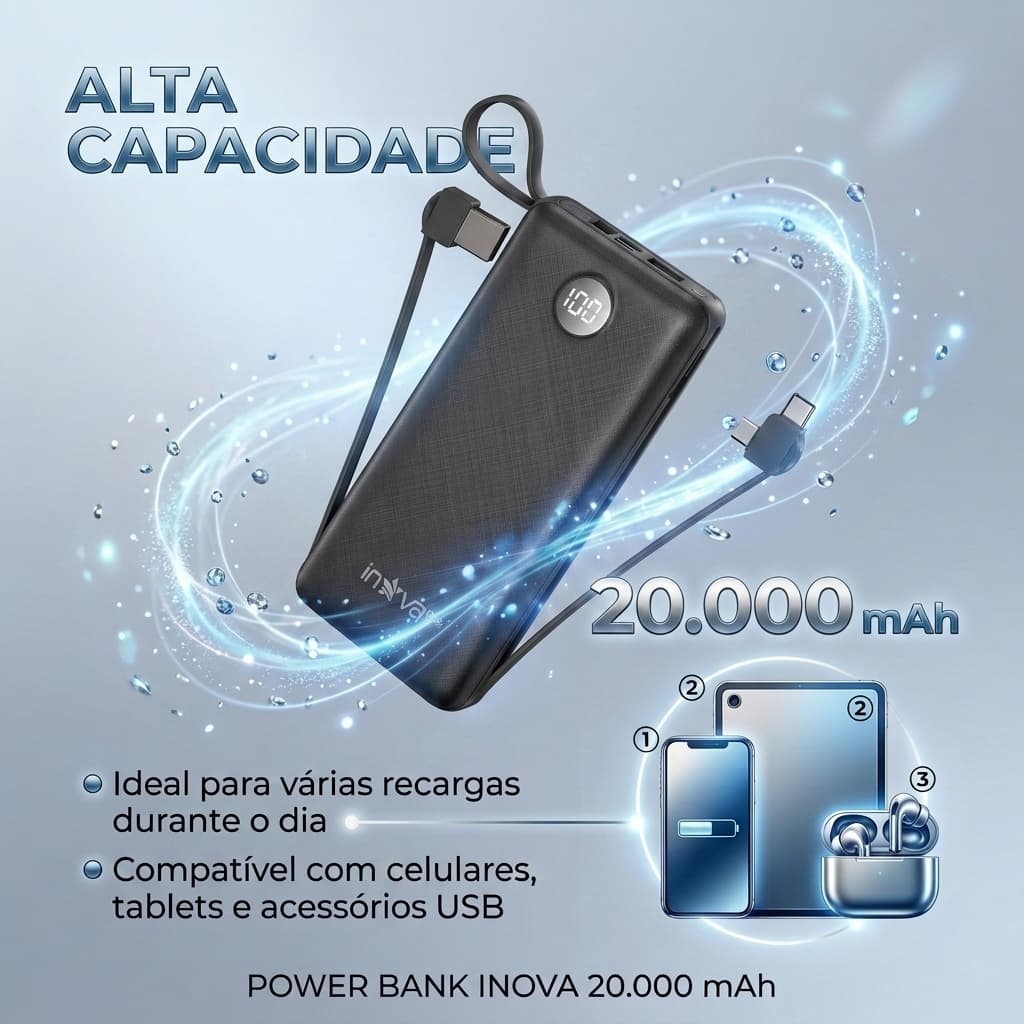 Power Bank 20000 mAh Turbo Carga Rapida Com Cabo USB-C e Lightning Display Digital Compatível com iPhone e Android