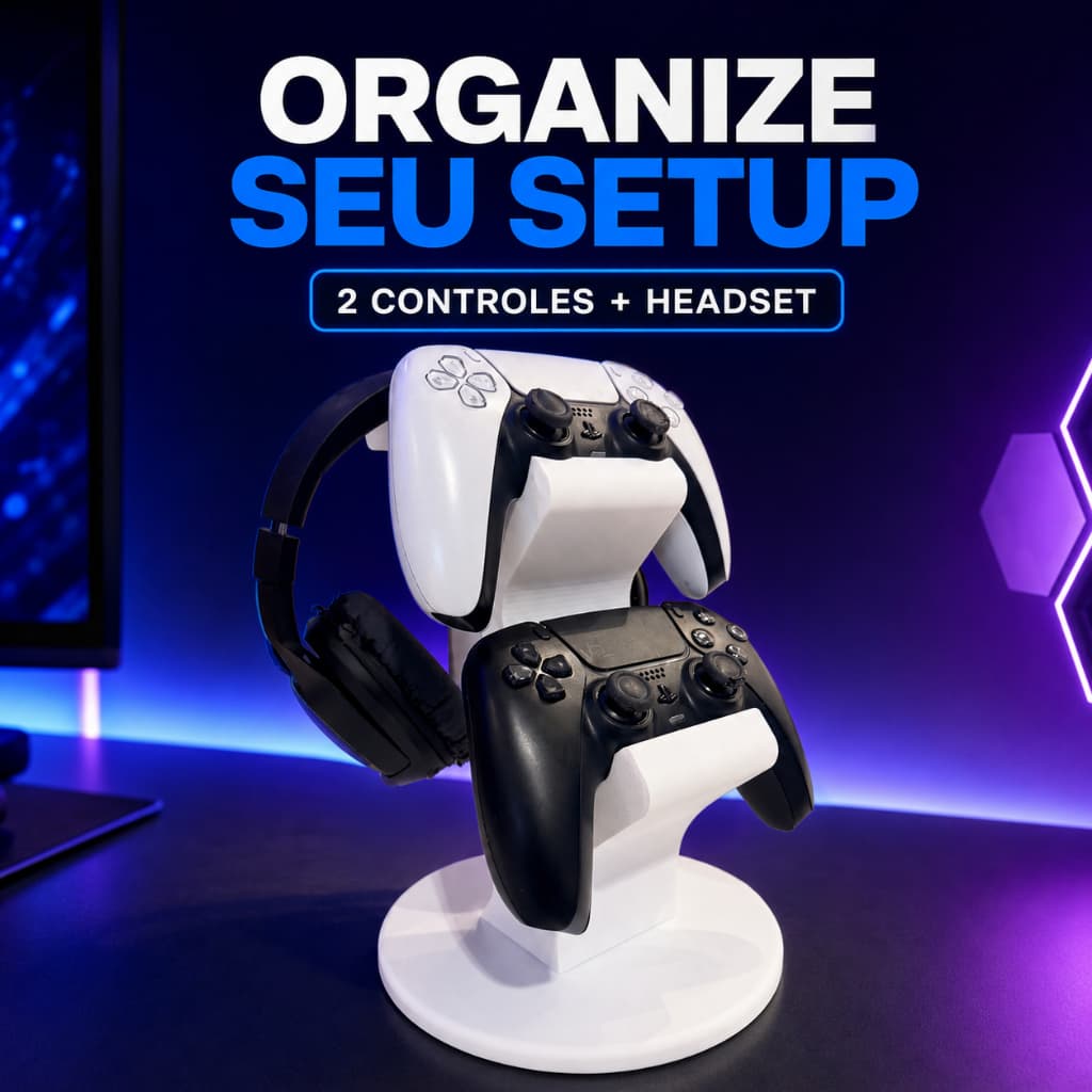 Suporte Gamer para 2 Controles e Headset – Organizador de Mesa para PS4 PS5 Xbox