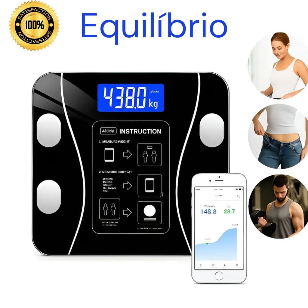 Balança Digital Corporal Bluetooth com App, Medição de Gordura, IMC, Água, Massa Muscular.
