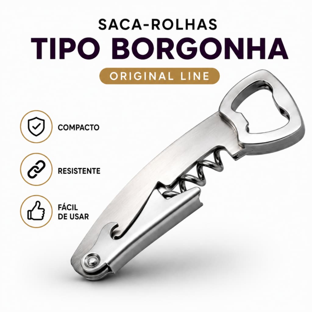 Saca-Rolhas Tipo Borgonha Profissional Aço Inox Abridor de Garrafas 2 em 1