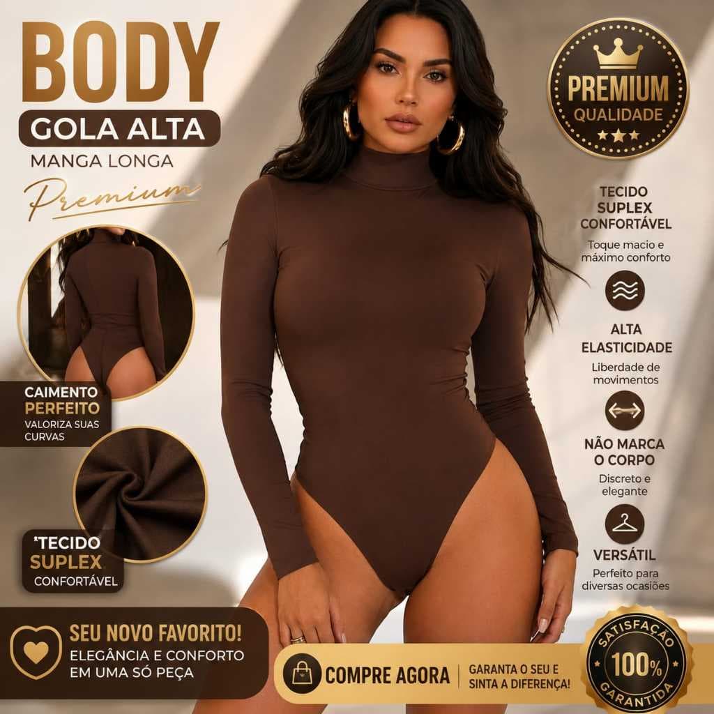 Body Feminino Gola Alta Manga Longa Marrom Premium Ajuste Perfeito Elegante Confortável