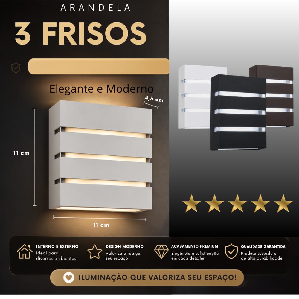 Arandela Luminária 3 Frisos Decoração Interna Externa Moderna Iluminação Led Bivolt Parede Muro Fachada