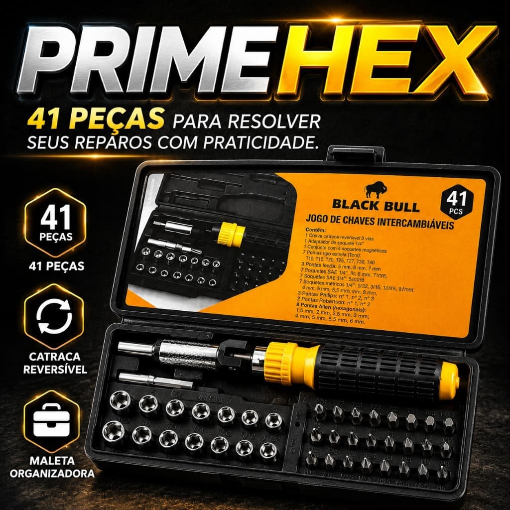 Kit Chaves Intercambiáveis 41 Peças PrimeHex Catraca Reversível Soquetes Bits Torx Allen Philips Chave Multifuncional 1/