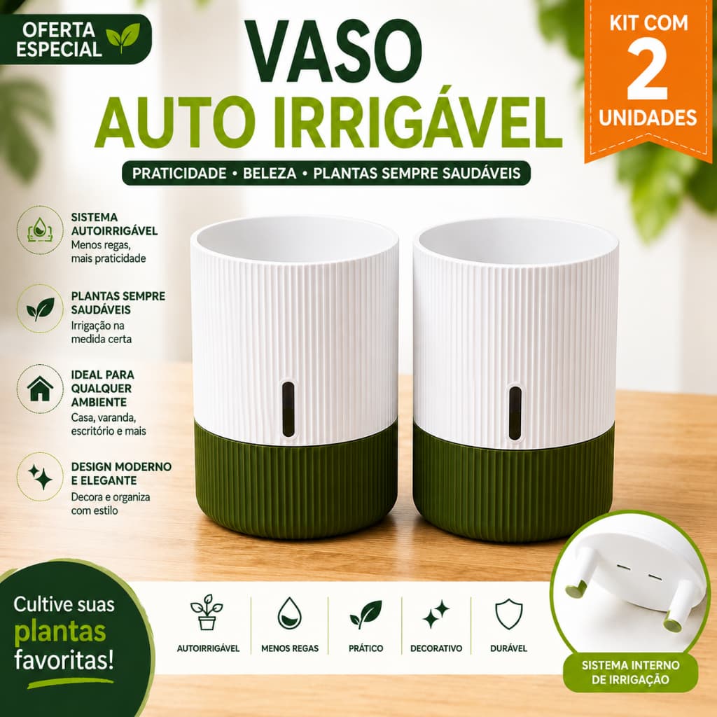 Kit 2 Vasos Auto Irrigável 12cm para Plantas e Temperos