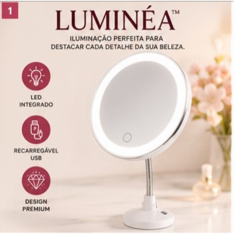 Espelho de Maquiagem LED Luminéa Recarregável USB Redondo com Luz, Base Ajustável e Haste Flexível