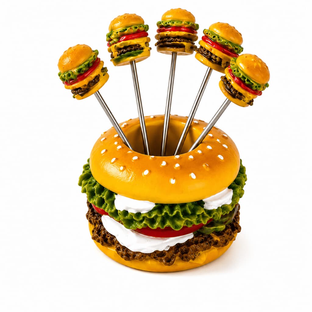 Paliteiro Hambúrguer Cerâmica com 6 Palitos Decorativos Resina e Metal 7x5cm Cores Sortidas