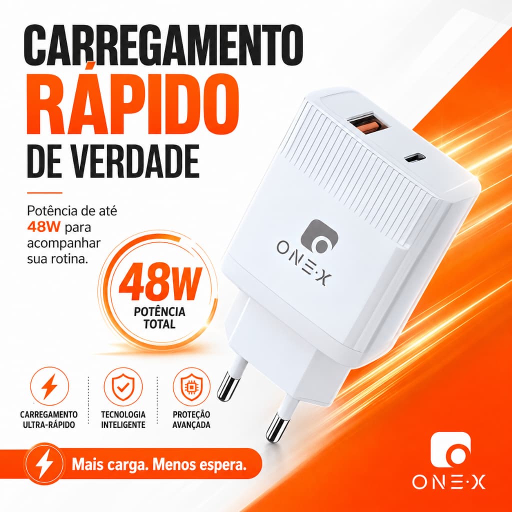 Carregador Turbo 48W USB-C USB-A Power Delivery Quick Charge Fonte Carregador Rápido ONE·X Branco