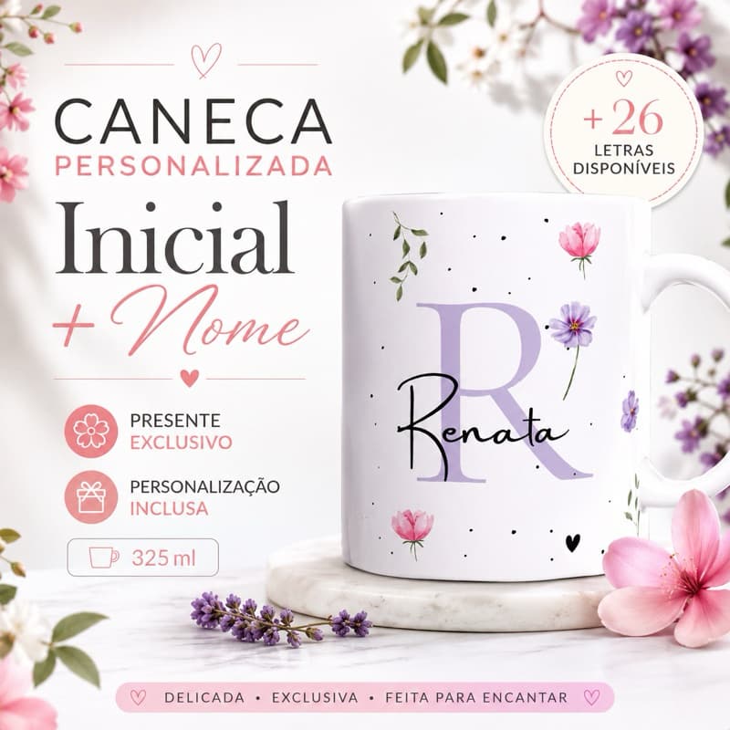 Caneca de Porcelana com Nome Personalizado Floral Com Nome