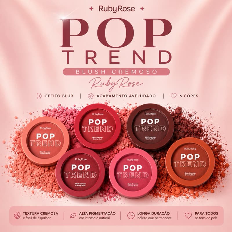 Blush Cremoso Pop Trend Ruby Rose Original Efeito Blur Acabamento Aveludado