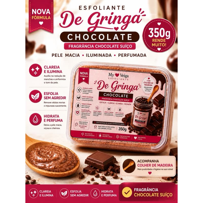 Esfoliante Corporal De Gringa Chocolate Suíço 350g Clareador Hidratante Iluminador com Colher de Madeira