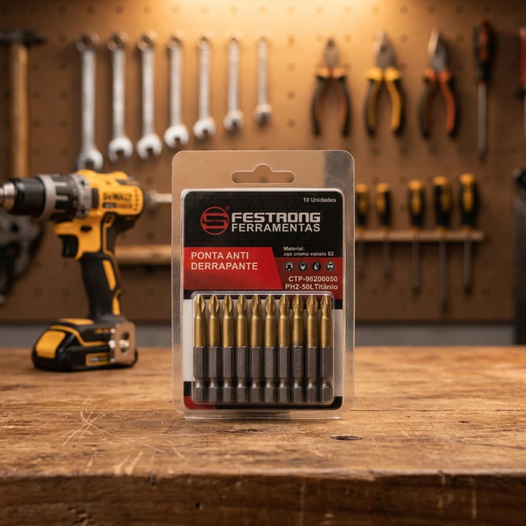 Ponta Bits PH2 50mm Titânio Magnética Kit 10 peças Ponteira Philips 1/4 Antiderrapante Festrong