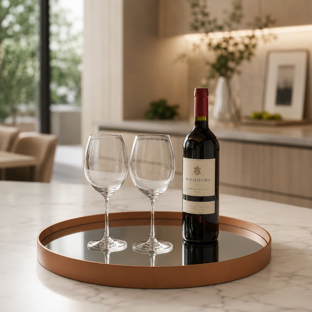 Bandeja Redonda Espelhada 30cm em Couro Ecológico Preto e Caramelo para Decoração Luxuosa