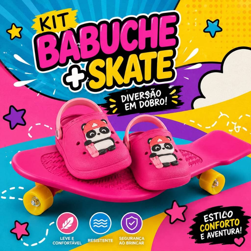 Kit 1 Babuche Menina Criança  Pandinha Infantil  Personagem + 1 Skate Rosa Para promocao