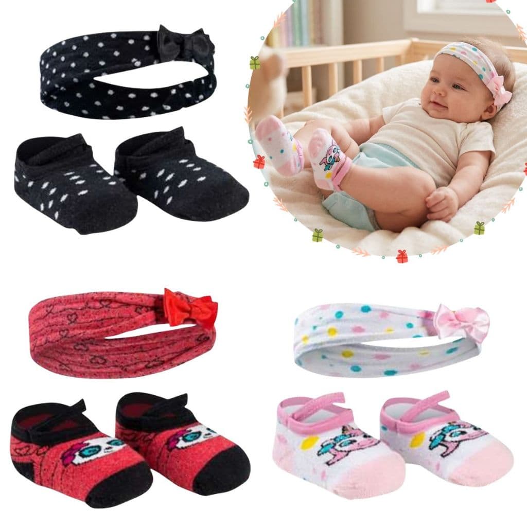 Kit Enxoval Bebê Menina Faixa Cabelo E Meia Sapatinho Maternidade Recém Nascido