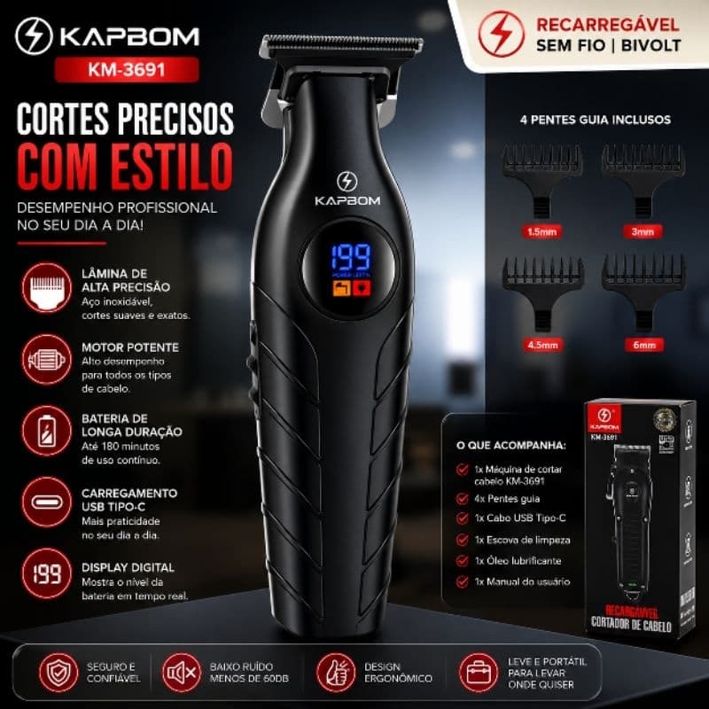 Máquina Aparador de Pelo e Cabelo Kapbom KM-3693 Profissional Recarregável Tela Digital USB Sem Fio