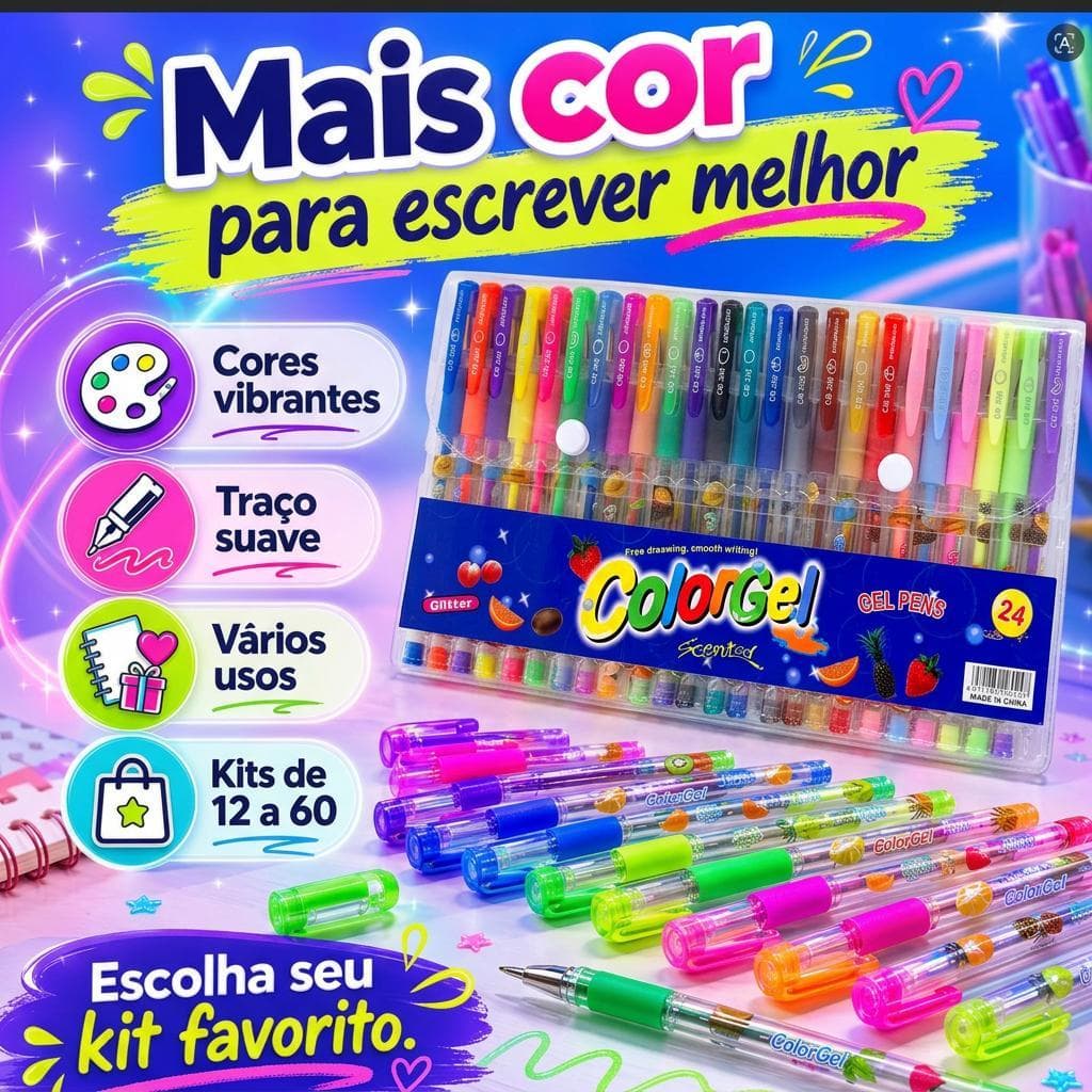 Caneta Gel Colorgel Canetinhas Coloridas Perfumadas Glitter Kit 24 Cores