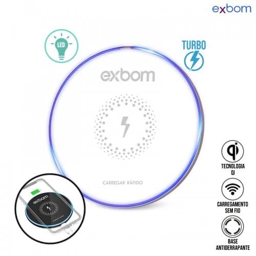 Carregador por Indução Qi sem Fio Turbo LED TQI-F18A Exbom - Branco