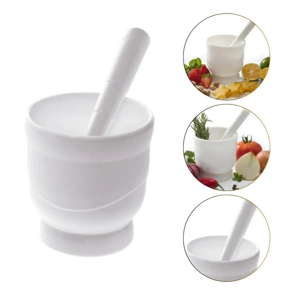 Pilão com Socador Multiuso Paramount Plástico Branco Moedor de Alho Temperos Ervas e Grãos