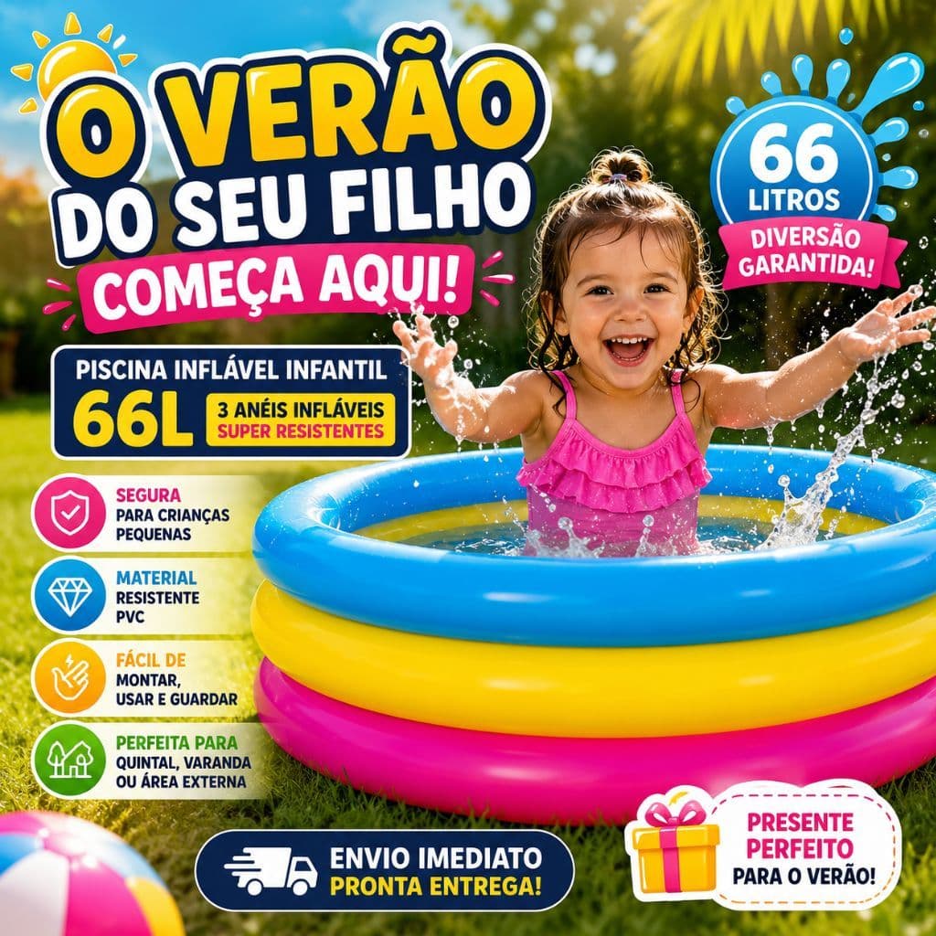 Piscina Inflável Infantil 66L 3 Anéis Colorida PVC Resistente Criança Verão Segura