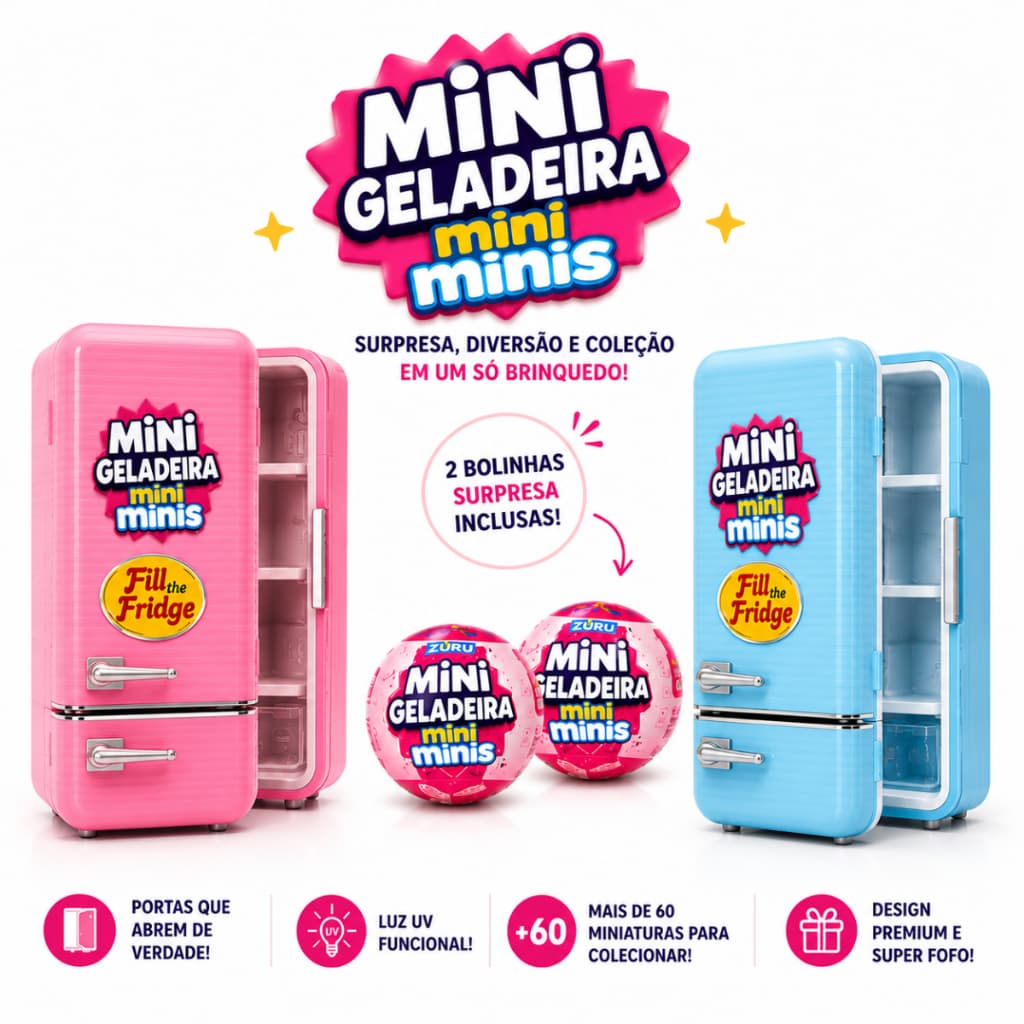 Mini Geladeira Com Duas Bolinhas Surpresa Luz Led Menina Criança Presente