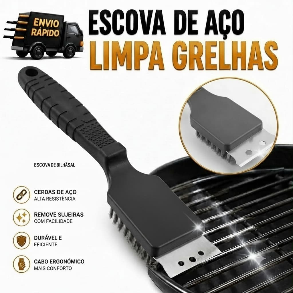 Escova Limpa Grelha de Aço para Churrasqueira Remove Gordura 30 cm