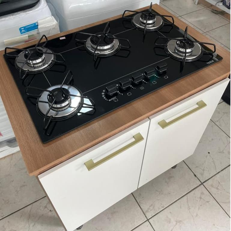 Fogão Cooktop + Balcão de Madeira Nogal / Chamalux 5 Bocas Acendimento Automático Eletrico Bivolt