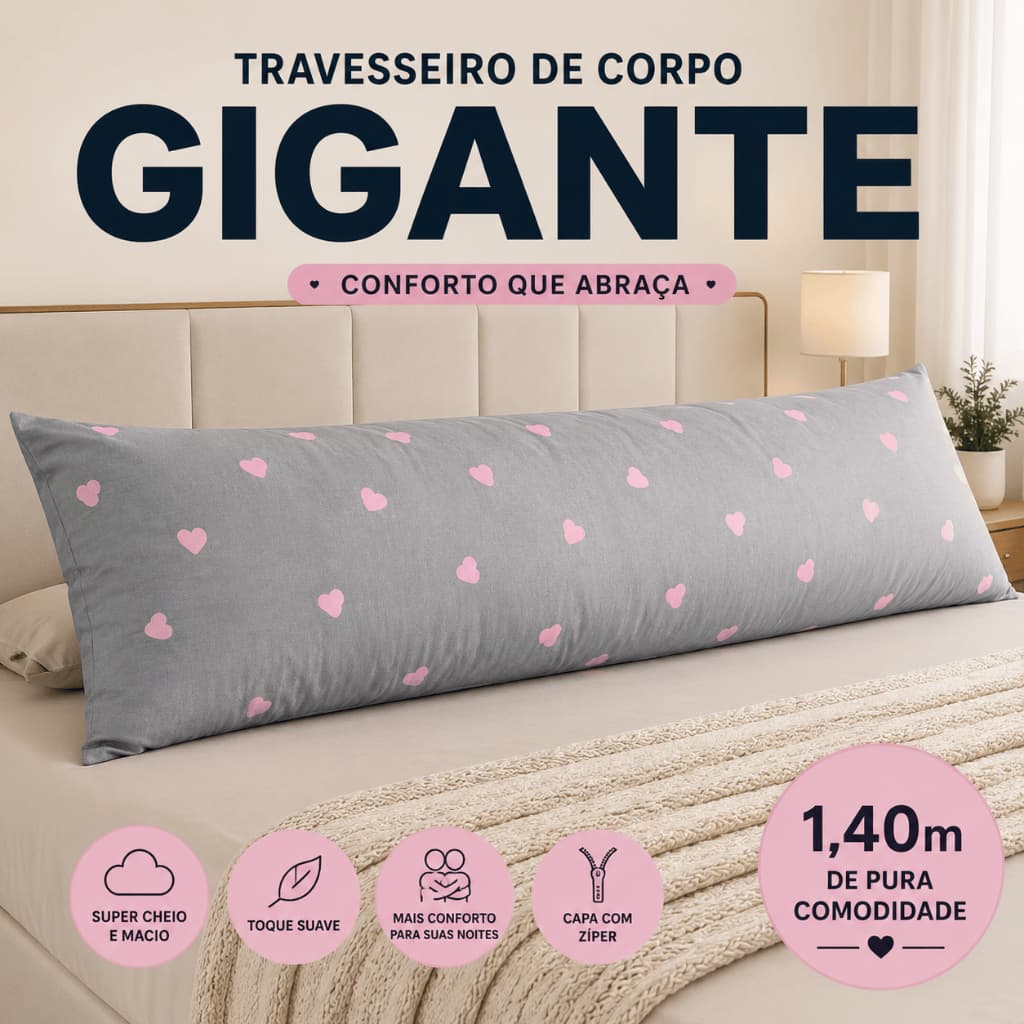 Travesseiro de Corpo Xuxão Estampado Percal 200 Fios 100% Algodão Capa de Ziper + Refil 1,40x0,45