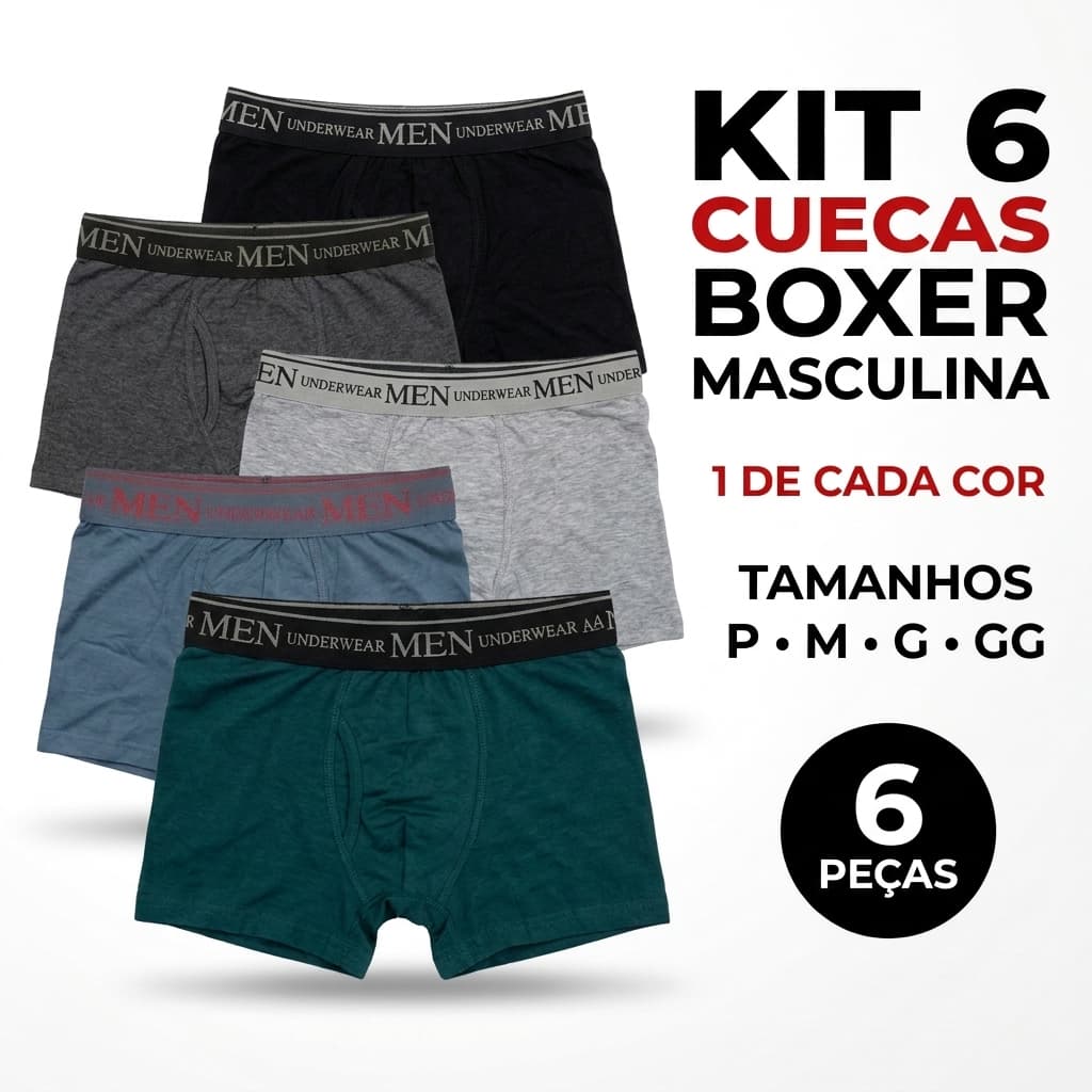 Kit 6 Cuecas Boxer Algodão  Masculinas Sem Costura Cores Sortidas