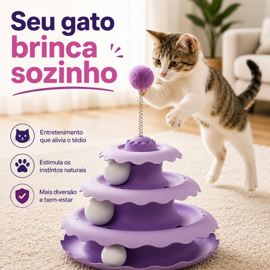 Brinquedo Interativo para Gatos Torre Giratória com 3 Bolinhas e Pompom na Mola Antiestresse Cor Sortida