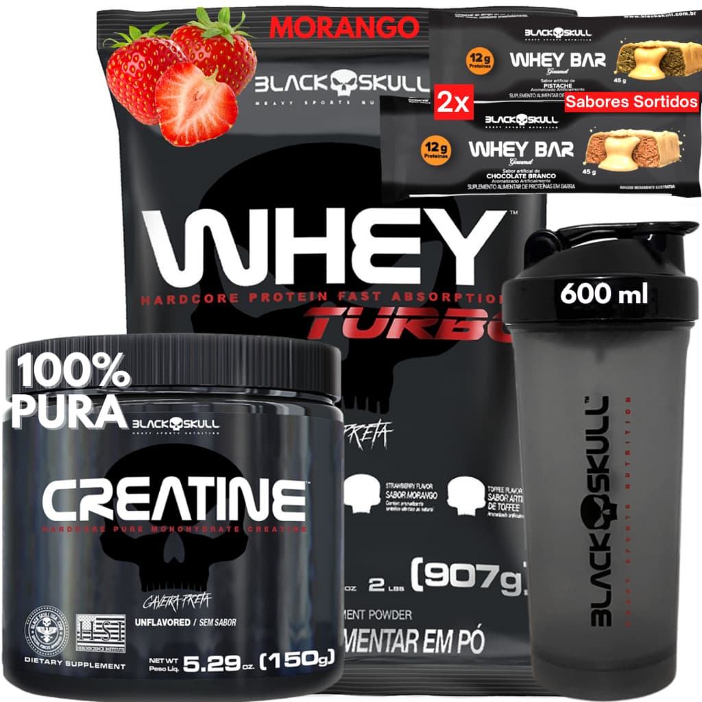 Kit Whey Protein Concentrado 907g + Creatina Monohidratada 150g Coqueteleira + 2 barras (brinde) Black Skull