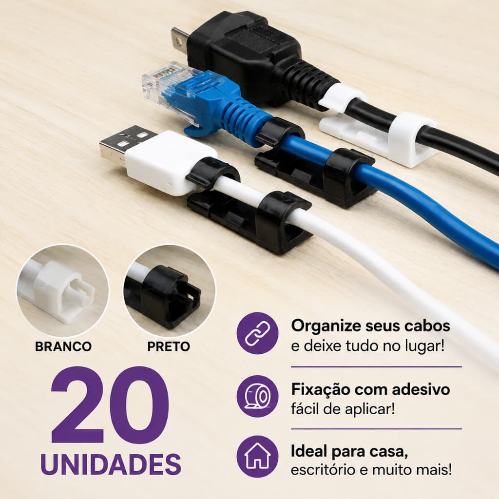 Kit 20 Organizadores de Fios e Peças Clip Fixador Cabos Autoadesivo