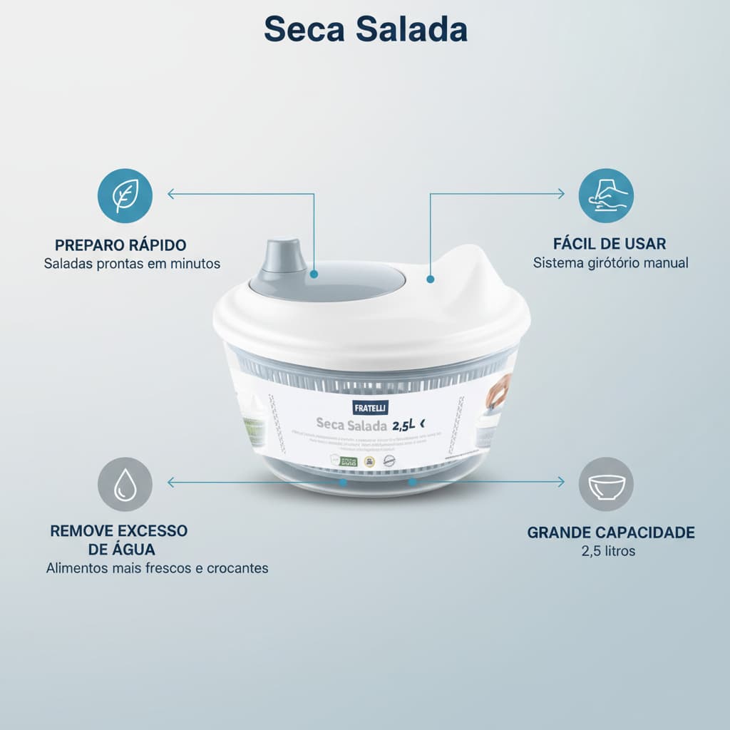 Seca Folhas Salada Centrífuga Capacidade 2,5L Moderno Elegante Cinza Cozinha Vegetais Resistente Durável Oferta Promoção