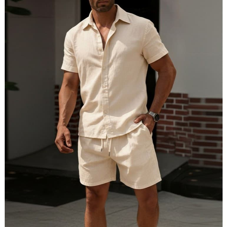 Conjunto Camisa E Short Masculino Em Linho Com Gola E Estampa Lisa Para O Verão