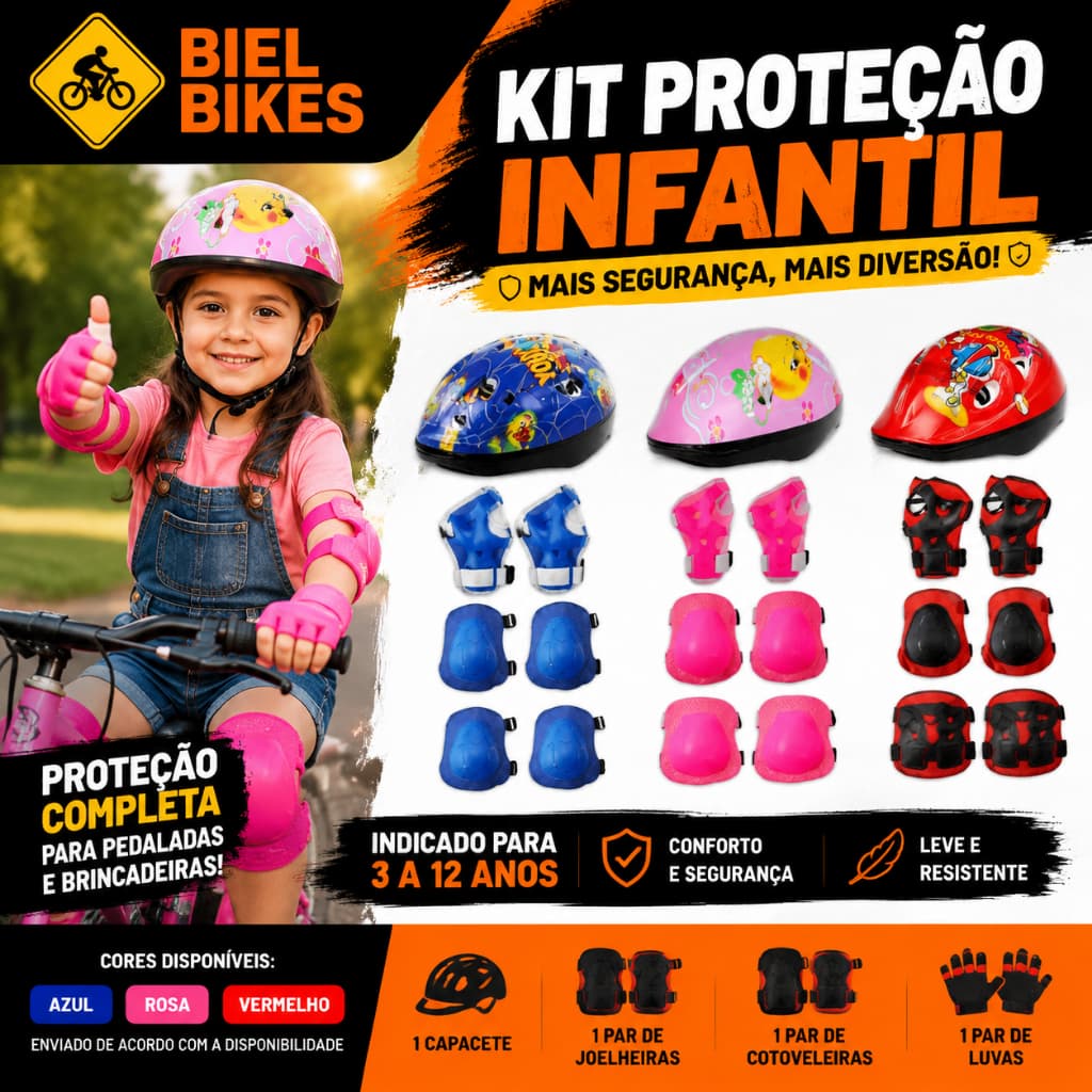 Kit Proteção Infantil Capacete Joelheira Cotoveleira Luvas Criança Bicicleta Patins Skate