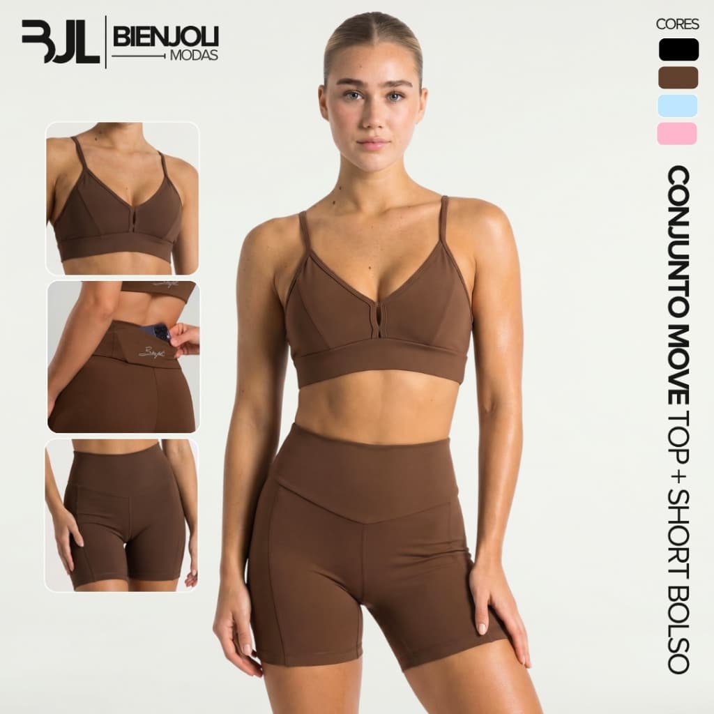 Conjunto Top Decote e Short com Bolso Fitness Feminino Academia Zero Transparência Treino Corrida Esportivo