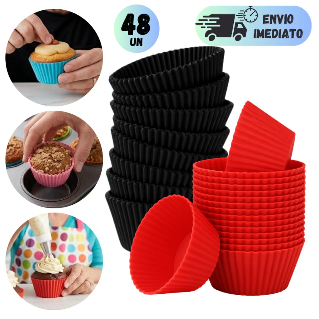 KIT FORMA CUPCAKE SILICONE PARA ASSAR MUFFINS MINI BOLO EMPADA ANTIADERENTE FORNO AIR FRYER PRETO VERMELHO