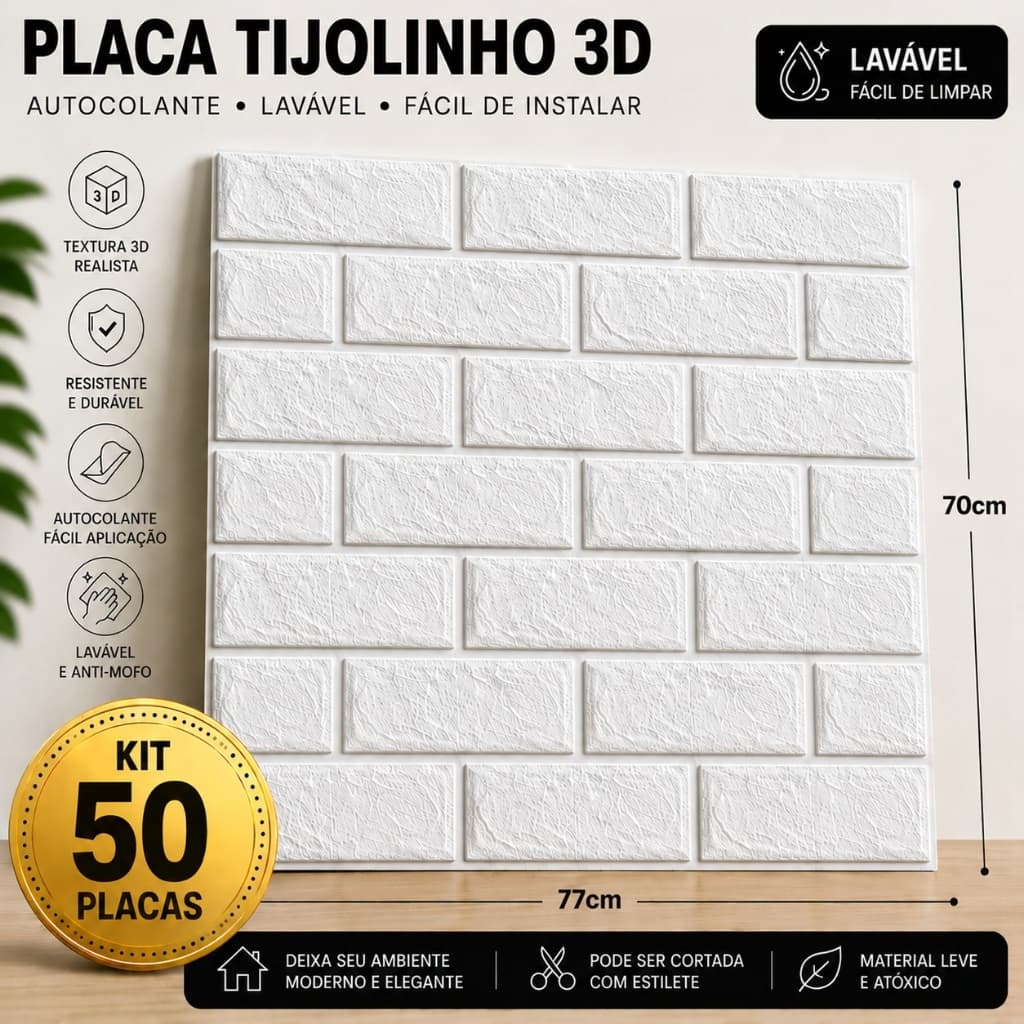 Lote 50 Placas Tijolinho Autocolante 70x77 Decoração Ambientes