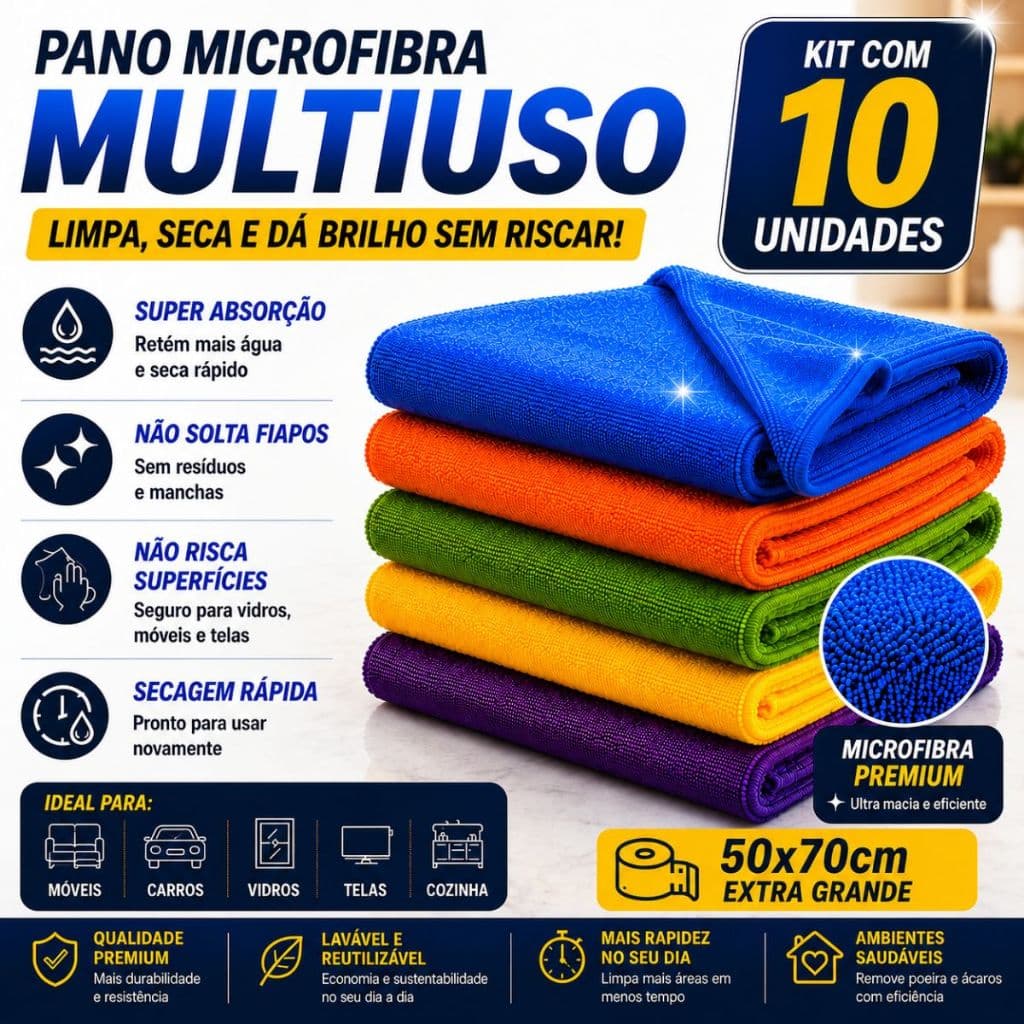 Kit C/ 10 - Pano De Chão Microfibra Gigante 50x70cm - Neves - Multiuso - Limpeza Geral - Multicores