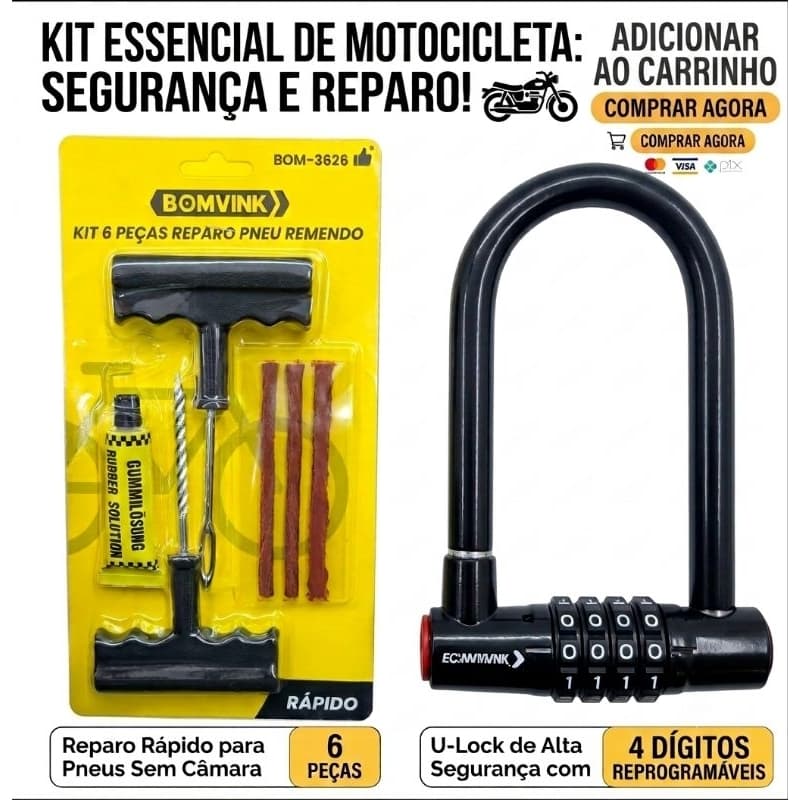 Kit Motocicleta/bicicleta 1 Cadeado Em U Com Senha Numérica E Kit Reparo Pneu Macarrão Para Pneu Sem Câmera Carro E Moto