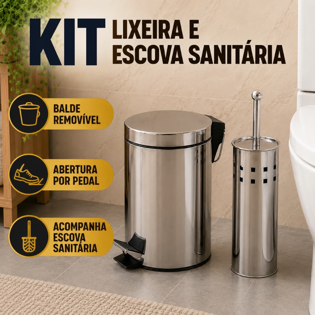 Kit Lixeira Inox Pedal e Cesto Removível + Escova Sanitária Banheiro Lavabo Premium 5 Litros Luxo