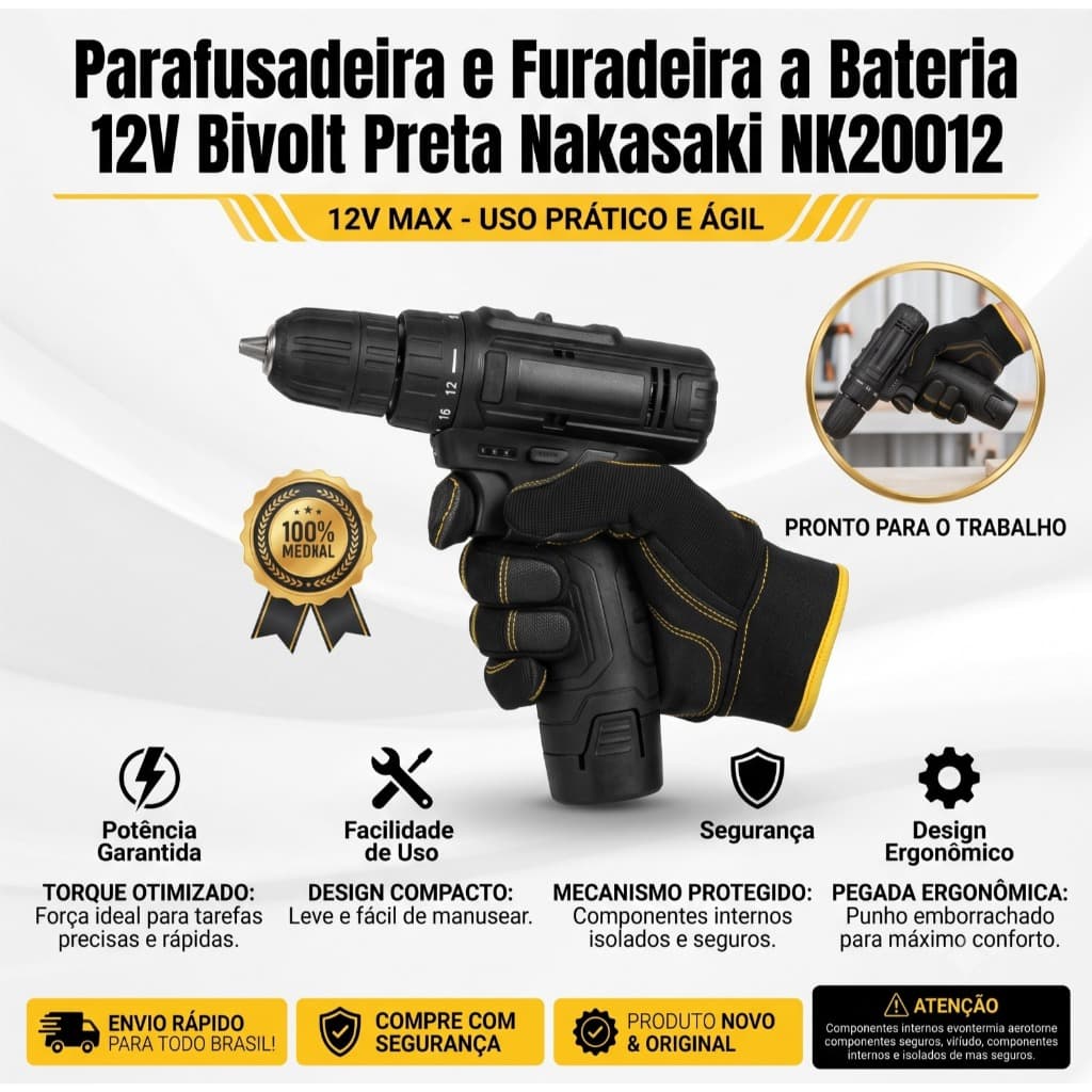 Parafusadeira 12V Sem Fio Profissional Bateria de Lítio Recarregável Leve Potente para Casa e Oficina