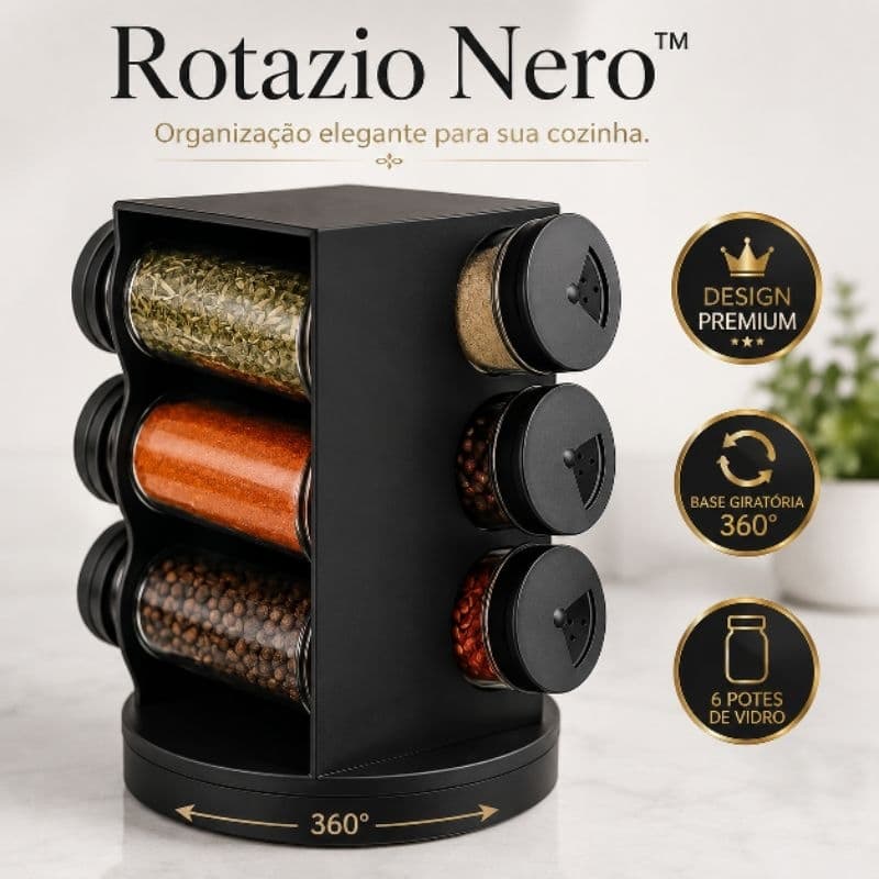 Porta Condimentos Giratório 6 Potes de Vidro 80ml Organizador de Temperos Preto Rotazio Nero™