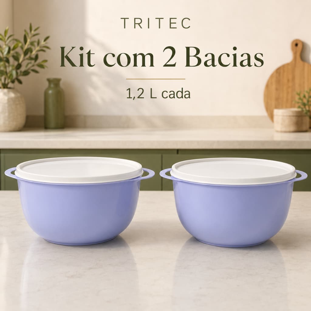 Kit 2 Bacias com Tampa Tritec 1,2 Litros Multiuso para Alimentos