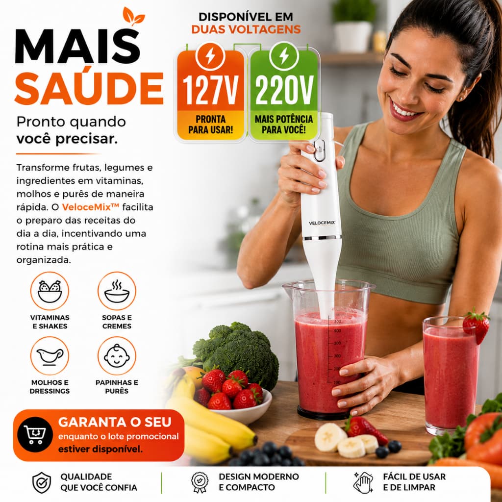 Mixer Elétrico 200W 127W e 220V com Copo 700ml Mixer de Mão para Vitaminas Shakes Sopas Molhos Purês VeloceMix(sortido)