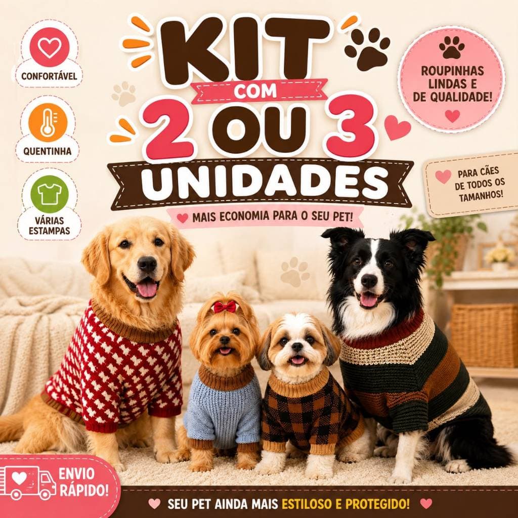 KIT 2 ou 3 roupas para cachorro e gato Tricot lã - Inverno Pet Quentinho Confortável Cores Sortidas