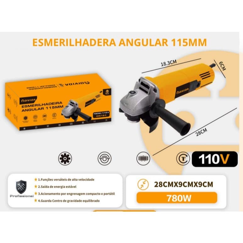 Esmerilhadeira Angular Elétrica 115mm 780w 115mm 110v 11.000 Rpm