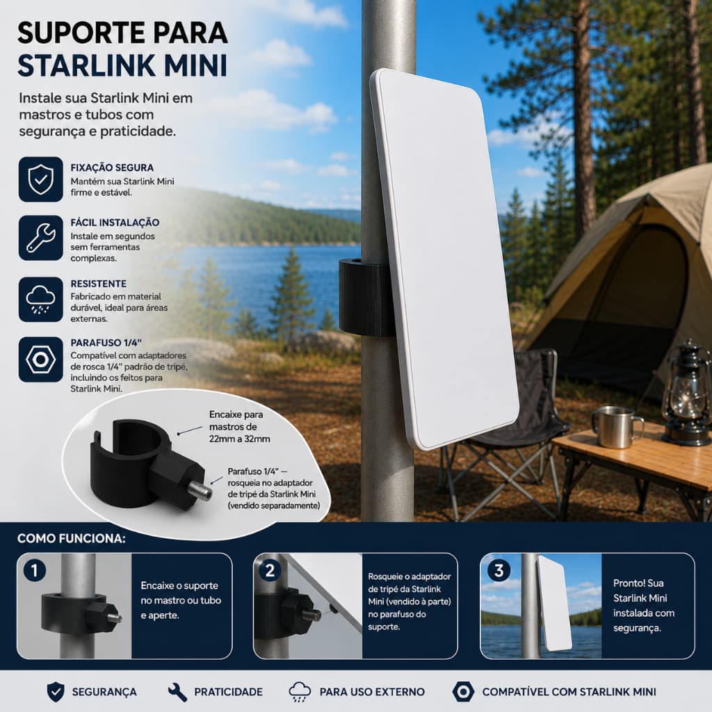 Suporte Starlink Mini Mastro Poste Rosca 1/4" Universal Fixação Barco RV Camping 22-32mm Resistente Uso Externo